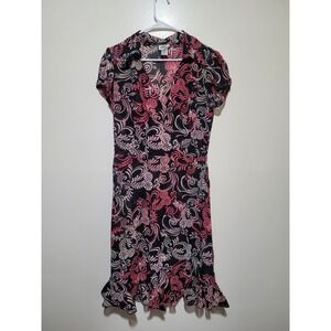 JBS Ltd‎ sheer Faux Wrap Dress Womens 12 Pink Black Floral Paisley Ruffle Hem